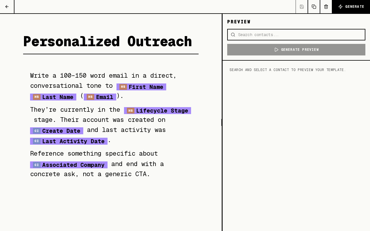 Ratking template editor with HubSpot and Customer.io variable pills inline