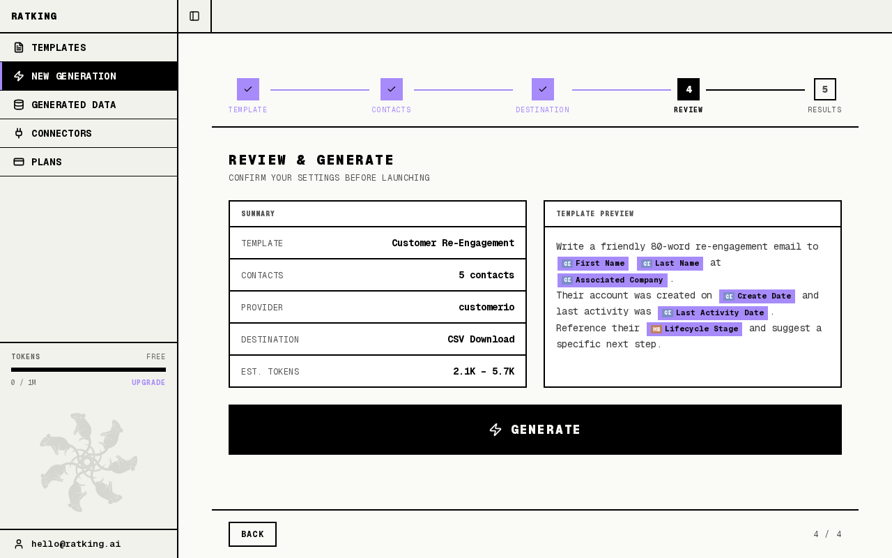 Ratking generation review showing token estimate, template preview, and generate button